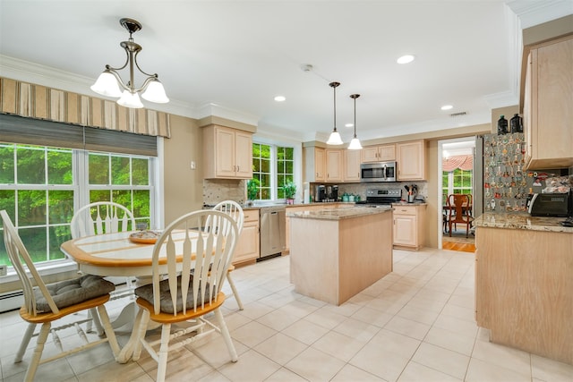 76 Warren St, Somers, NY 10589 - kitchen featuring light brown cabinets, appliances with stainless steel finishes, a kitchen island, backsplash, and ornamental molding