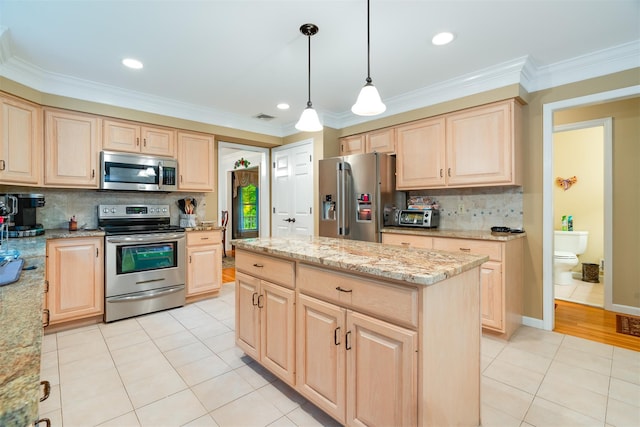 76 Warren St, Somers, NY 10589 - kitchen featuring appliances with stainless steel finishes, light brown cabinetry, backsplash, light stone counters, and crown molding