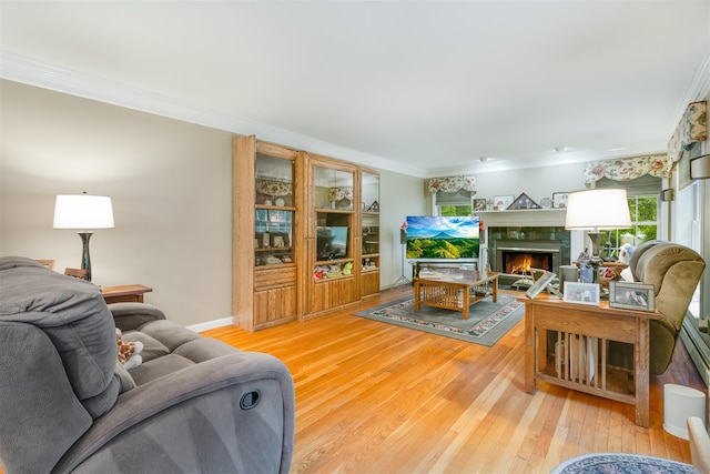 76 Warren St, Somers, NY 10589 - living area with light wood-style flooring, ornamental molding, and a lit fireplace