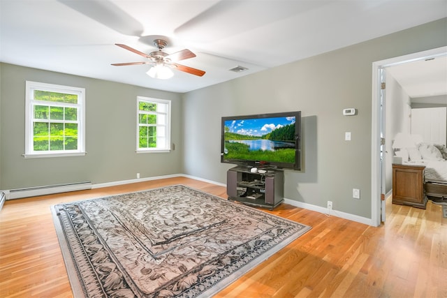 76 Warren St, Somers, NY 10589 - living area featuring baseboard heating, wood finished floors, and ceiling fan