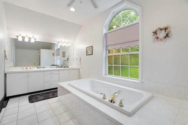 76 Warren St, Somers, NY 10589 - full bath with double vanity, a garden tub, lofted ceiling, and tile patterned flooring