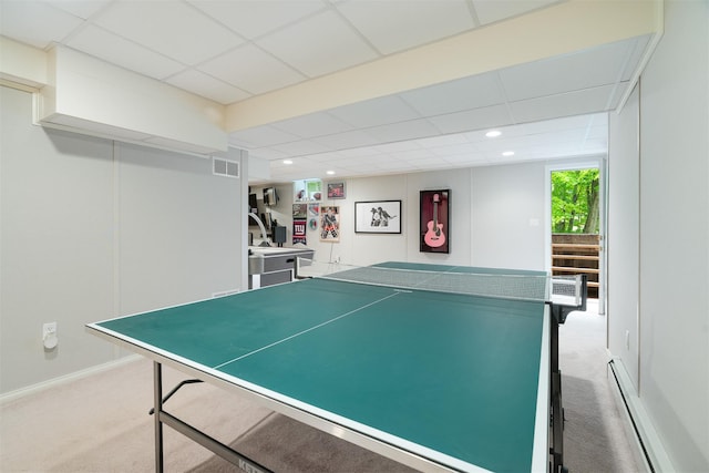 76 Warren St, Somers, NY 10589 - playroom featuring a baseboard heating unit, carpet flooring, a paneled ceiling, and recessed lighting