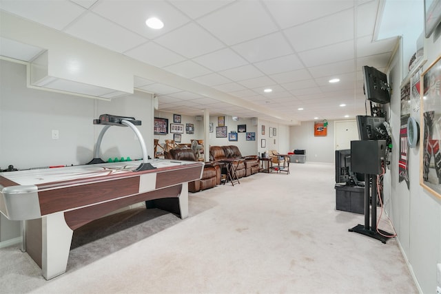 76 Warren St, Somers, NY 10589 - playroom featuring light colored carpet, recessed lighting, a paneled ceiling, and pool table