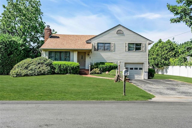 11 Rupert Pl, Melville, NY 11747 - split level home with driveway, an attached garage, a chimney, and a shingled roof