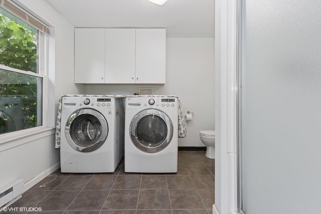 4 Dewindt St, Beacon, NY 12508 - laundry room with washing machine and clothes dryer, a baseboard heating unit, and dark tile patterned floors