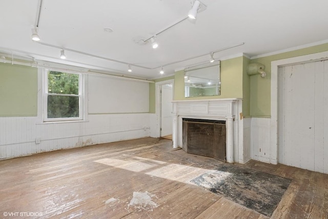 4 Dewindt St, Beacon, NY 12508 - unfurnished living room featuring track lighting, hardwood / wood-style floors, a fireplace with flush hearth, and a wainscoted wall