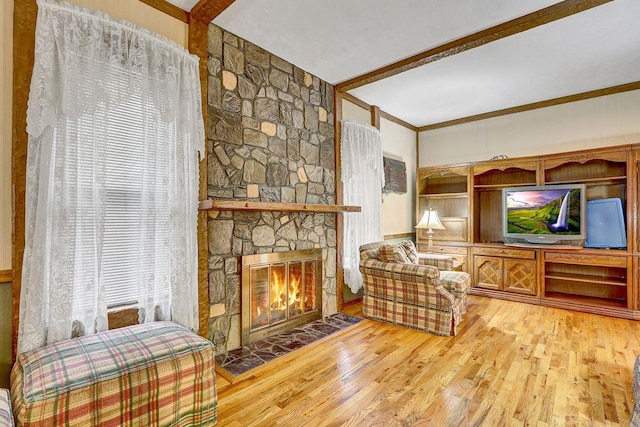 313 Pine St, Freeport, NY 11520 - living area with wood finished floors, a stone fireplace, and ornamental molding