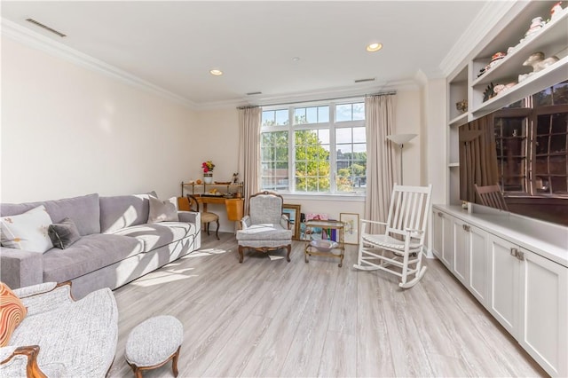 1 Christie Pl Unit 205E, Scarsdale, NY 10583 - living room featuring ornamental molding, light wood-style floors, and recessed lighting