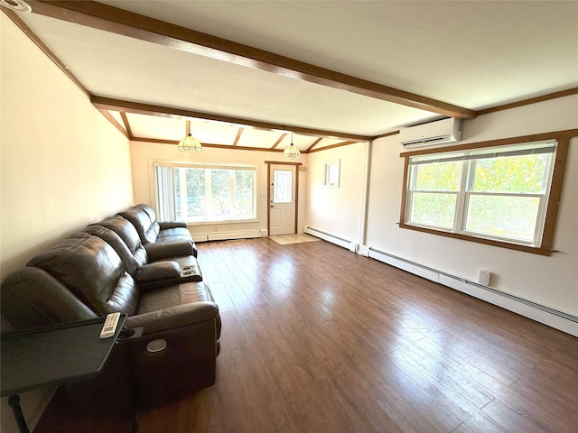 20401 34th Ave, Bayside, NY 11361 - living room with a wall mounted AC, beam ceiling, dark wood-type flooring, and baseboard heating