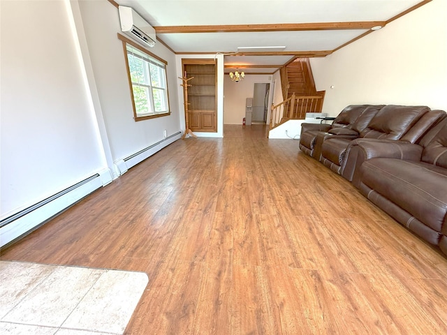 20401 34th Ave, Bayside, NY 11361 - living room featuring a wall mounted AC, a chandelier, wood finished floors, and beam ceiling