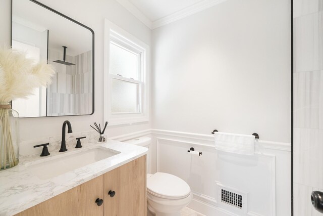 2 Danby Pl, Yonkers, NY 10710 - full bathroom with vanity, ornamental molding, a wainscoted wall, a decorative wall, and a shower