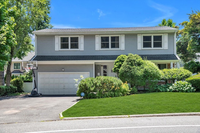 94 Fairview Ave, Great Neck, NY 11023 - view of front of house with driveway, a garage, a front yard, and a shingled roof