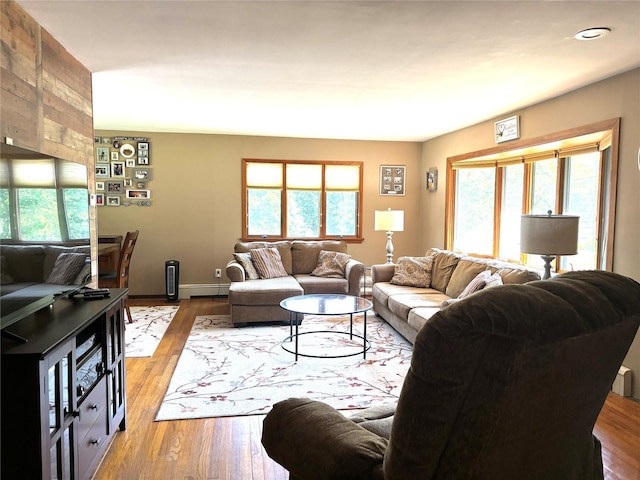 266 Adirondack Dr, Selden, NY 11784 - living room with plenty of natural light, light wood finished floors, baseboard heating, and recessed lighting