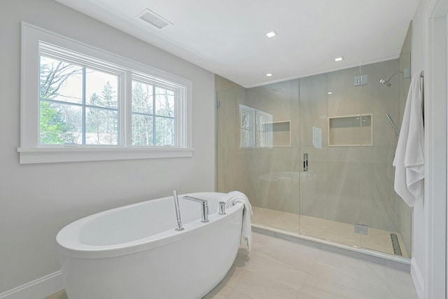 1 Devoe Rd, Armonk, NY 10504 - bathroom featuring a freestanding tub, a shower stall, and tile patterned floors
