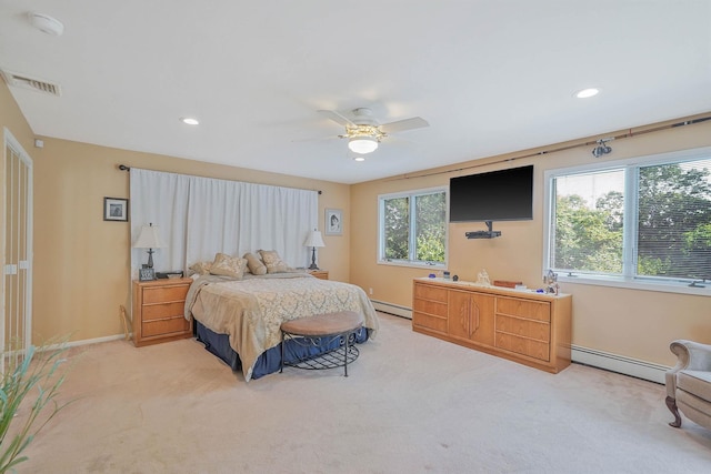 6 Sunrise Pl, Farmingville, NY 11738 - bedroom with light colored carpet, a baseboard radiator, recessed lighting, and ceiling fan