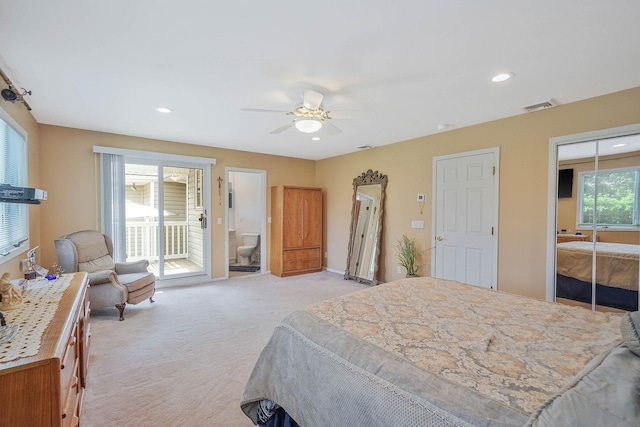 6 Sunrise Pl, Farmingville, NY 11738 - bedroom featuring light carpet, recessed lighting, a ceiling fan, access to outside, and a closet