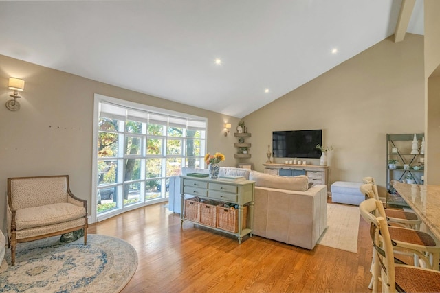 92 Wiltshire Rd, Scarsdale, NY 10583 - living area with light wood-style flooring, recessed lighting, beam ceiling, and high vaulted ceiling