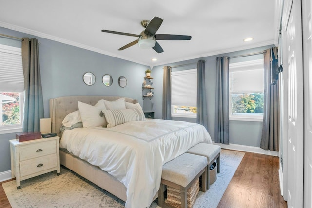 92 Wiltshire Rd, Scarsdale, NY 10583 - bedroom featuring light wood finished floors, ornamental molding, recessed lighting, and a ceiling fan