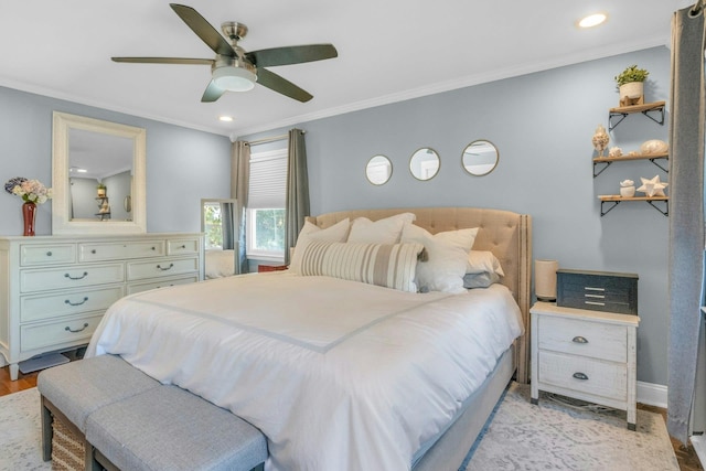 92 Wiltshire Rd, Scarsdale, NY 10583 - bedroom featuring light wood-style flooring, crown molding, recessed lighting, and a ceiling fan