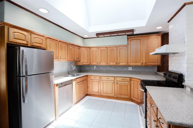 82A Union Ave, Center Moriches, NY 11934 - kitchen with stainless steel appliances, light tile patterned floors, backsplash, recessed lighting, and a tray ceiling