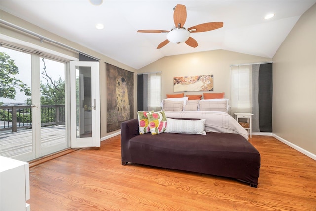 135 Flamingo St, Atlantic Beach, NY 11509 - bedroom featuring access to exterior, light wood-style floors, lofted ceiling, a ceiling fan, and recessed lighting
