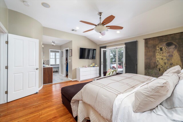 135 Flamingo St, Atlantic Beach, NY 11509 - bedroom with light wood finished floors, vaulted ceiling, multiple windows, recessed lighting, and ceiling fan