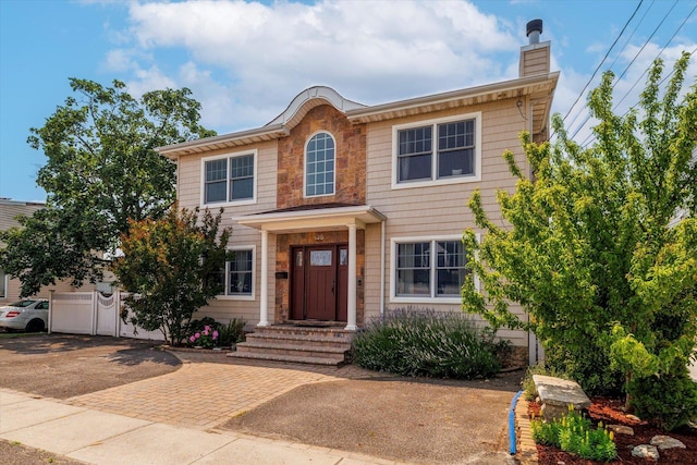 135 Flamingo St, Atlantic Beach, NY 11509 - view of front of house with a chimney, decorative driveway, and a garage