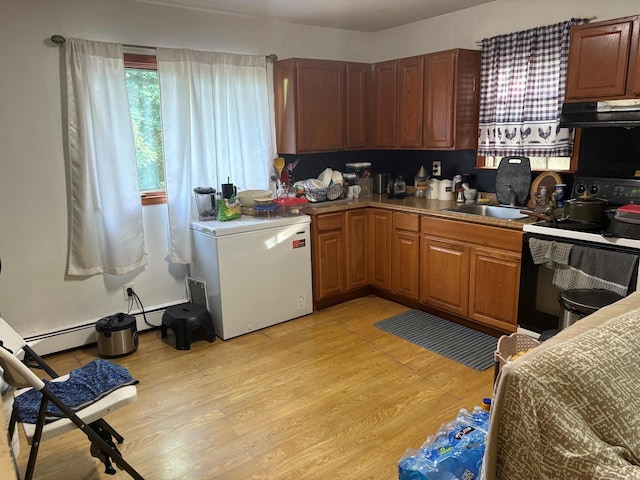 40 Samuel St, Ronkonkoma, NY 11779 - kitchen with electric range, exhaust hood, refrigerator, and light wood-style floors