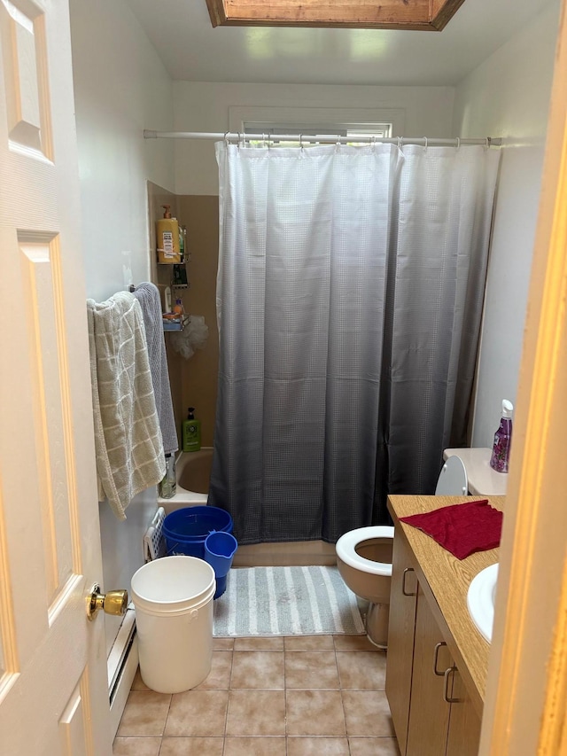 40 Samuel St, Ronkonkoma, NY 11779 - bathroom with vanity, tile patterned flooring, a shower with curtain, and a baseboard heating unit