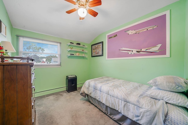 47 Tucker Dr, Bayport, NY 11705 - carpeted bedroom with lofted ceiling, a baseboard heating unit, baseboard heating, and a ceiling fan
