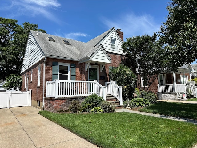 226 James St, Franklin Square, NY 11010 - bungalow-style home featuring brick siding, covered porch, a chimney, a front lawn, and a gate