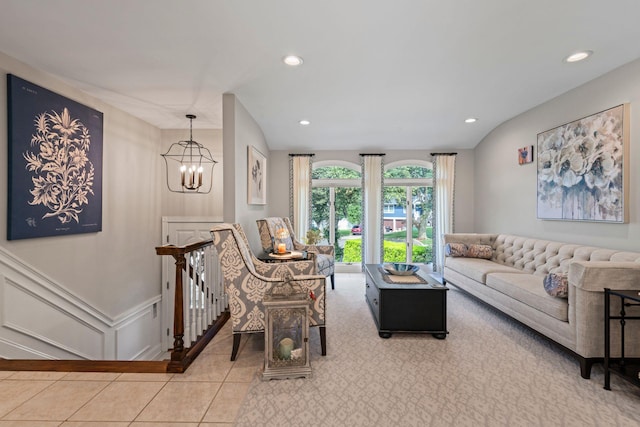 11 Val Ct, Commack, NY 11725 - living room with tile patterned floors, a chandelier, recessed lighting, wainscoting, and a decorative wall