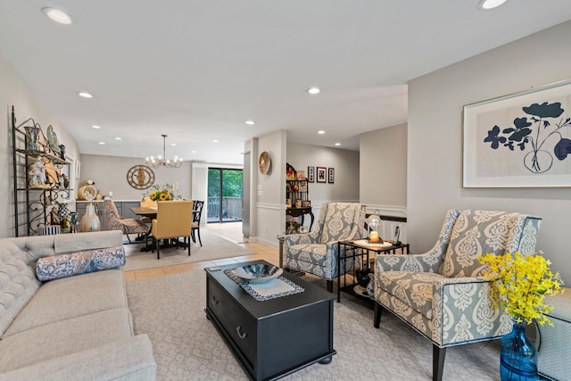 11 Val Ct, Commack, NY 11725 - living room featuring a chandelier, recessed lighting, light tile patterned floors, and wainscoting
