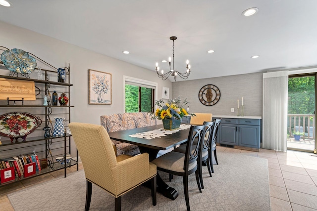 11 Val Ct, Commack, NY 11725 - dining space with healthy amount of natural light, a chandelier, recessed lighting, and light tile patterned floors