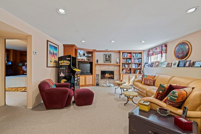 11 Val Ct, Commack, NY 11725 - carpeted living room featuring recessed lighting and a fireplace