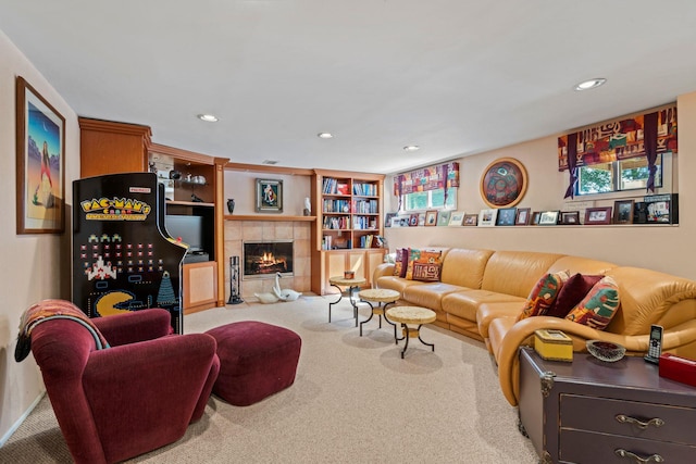 11 Val Ct, Commack, NY 11725 - living room featuring carpet flooring, recessed lighting, and a fireplace