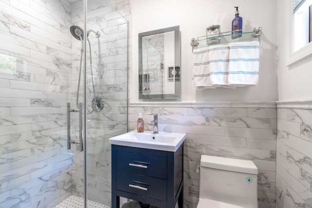 11 Val Ct, Commack, NY 11725 - full bath with a stall shower, vanity, tile walls, and a wainscoted wall