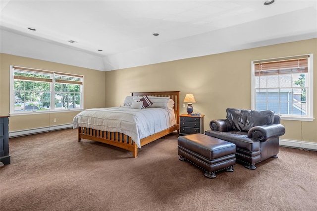 17 Pheasant Run Ln, Dix Hills, NY 11746 - bedroom featuring a baseboard heating unit, carpet, lofted ceiling, and baseboard heating