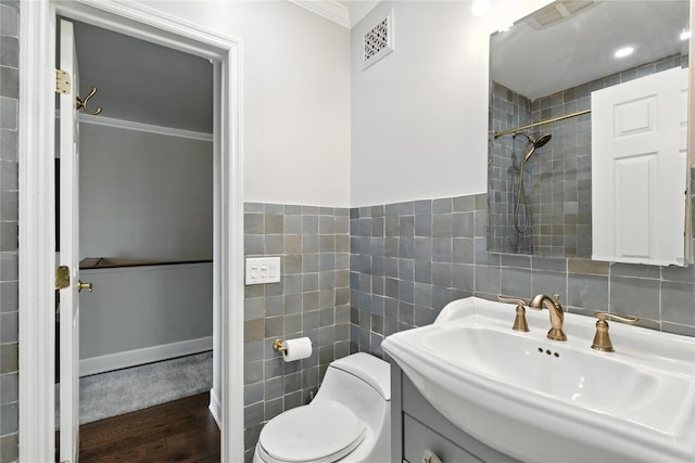 29D Windle Park Unit D, Tarrytown, NY 10591 - full bath with tile walls, crown molding, wood finished floors, vanity, and a tile shower