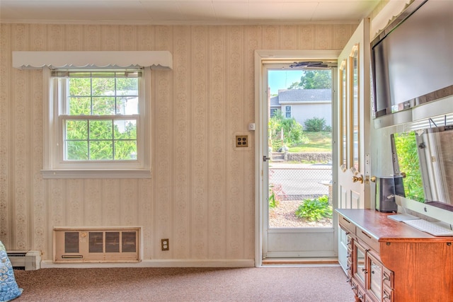 62 Port Washington Rd, Sound Beach, NY 11789 - doorway featuring healthy amount of natural light, baseboard heating, and carpet floors