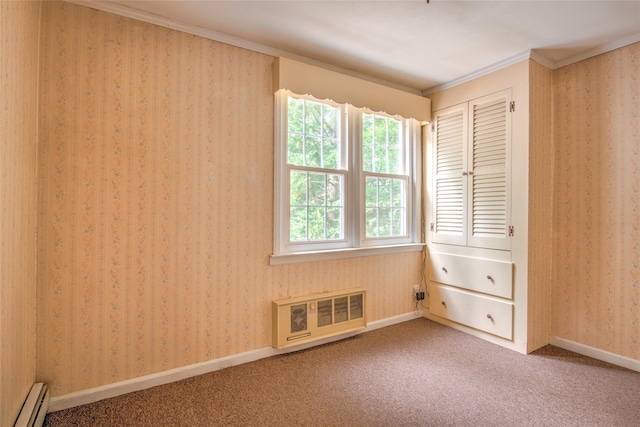 62 Port Washington Rd, Sound Beach, NY 11789 - unfurnished bedroom with a baseboard heating unit, carpet flooring, and ornamental molding