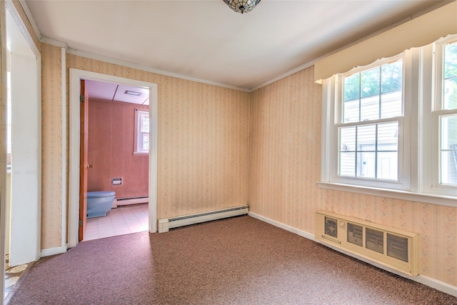 62 Port Washington Rd, Sound Beach, NY 11789 - carpeted spare room with a baseboard heating unit, plenty of natural light, ornamental molding, wallpapered walls, and a baseboard radiator
