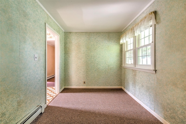 62 Port Washington Rd, Sound Beach, NY 11789 - empty room with a baseboard radiator, ornamental molding, carpet, and wallpapered walls