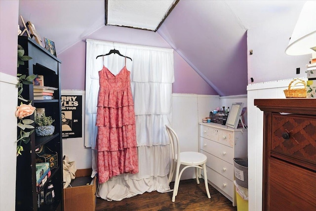 209 Venetian Blvd, Lindenhurst, NY 11757 - bedroom featuring wood finished floors, lofted ceiling, and wainscoting