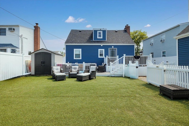209 Venetian Blvd, Lindenhurst, NY 11757 - rear view of property with an outdoor hangout area, a storage unit, a wooden deck, a fenced backyard, and a chimney