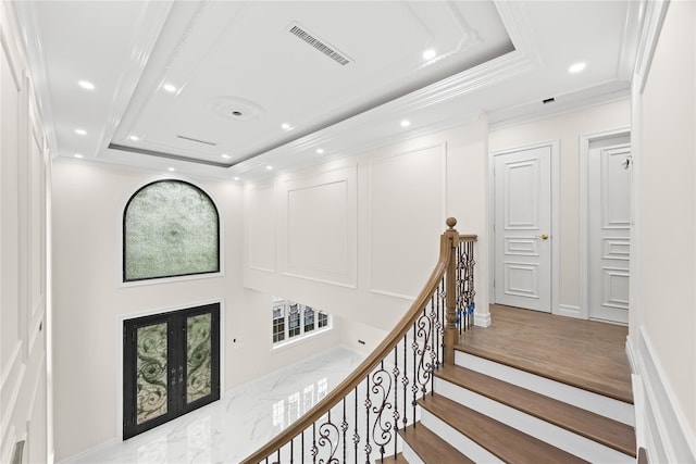 154-23 28th Ave, Flushing, NY 11355 - staircase with a raised ceiling, recessed lighting, wood finished floors, and crown molding