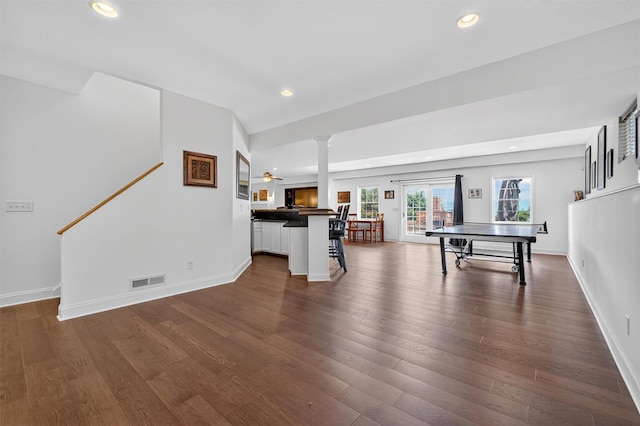 36 Ballymeade Rd, Hopewell Junction, NY 12533 - game room featuring decorative columns, recessed lighting, and dark wood-style flooring
