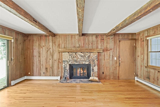 21 Kipp St, Chappaqua, NY 10514 - unfurnished living room with baseboard heating, wooden walls, beam ceiling, wood finished floors, and a fireplace
