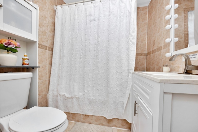 12311 115th Ave, South Ozone Park, NY 11420 - full bath featuring tile walls, vanity, curtained shower, tile patterned floors, and backsplash