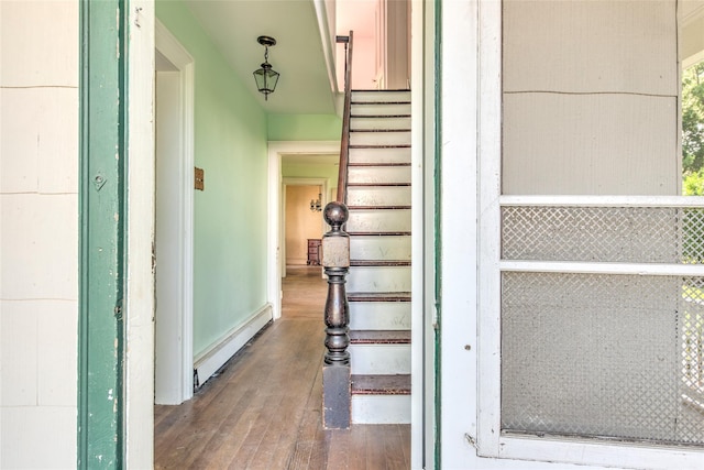 2 Shore Rd, East Setauket, NY 11733 - stairway featuring a baseboard radiator and hardwood / wood-style flooring